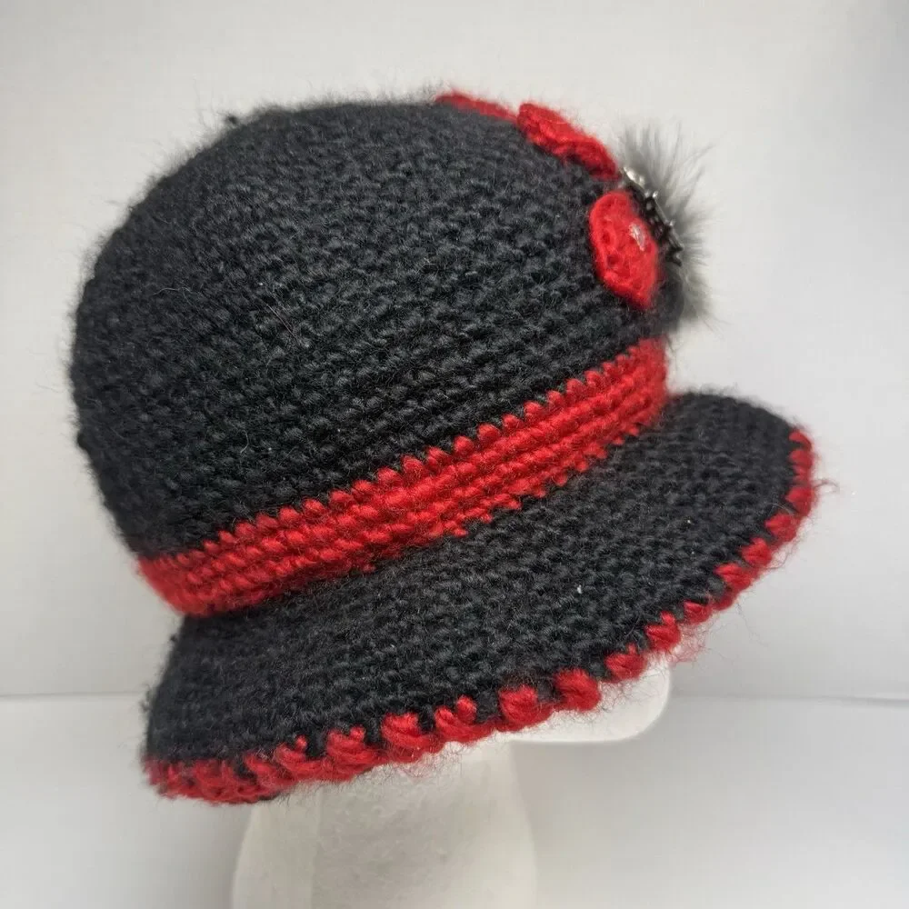 Vintage Black And Red Crocheted Embellishment Hat With Top Dog Removable Brooch - Picture 4 of 7